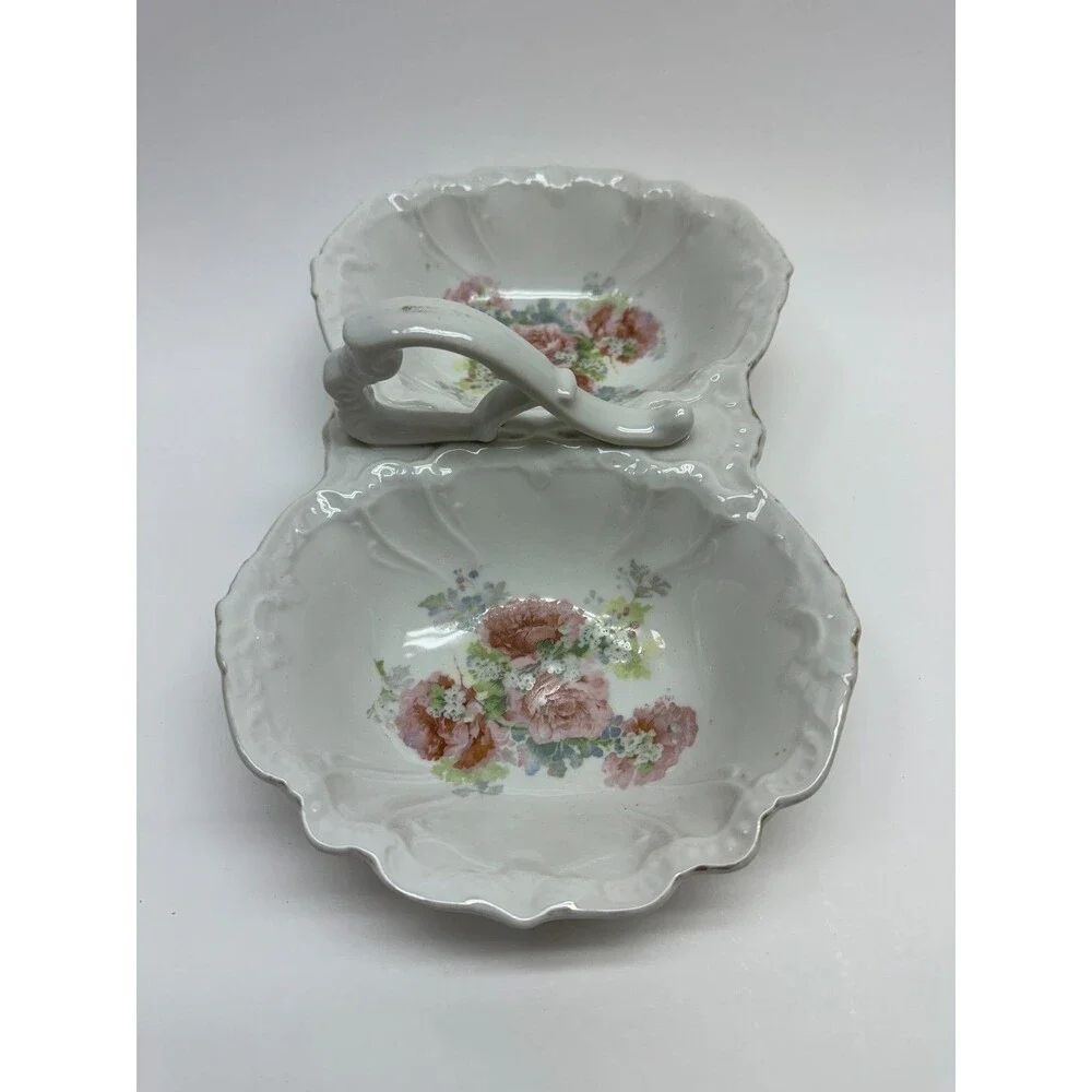 Vintage Porcelain Double Relish Dish Pink Roses Center Handle Scalloped Floral